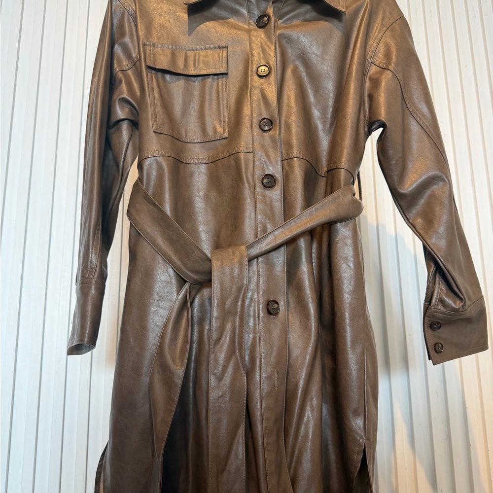 Brown Leather Belted Coat